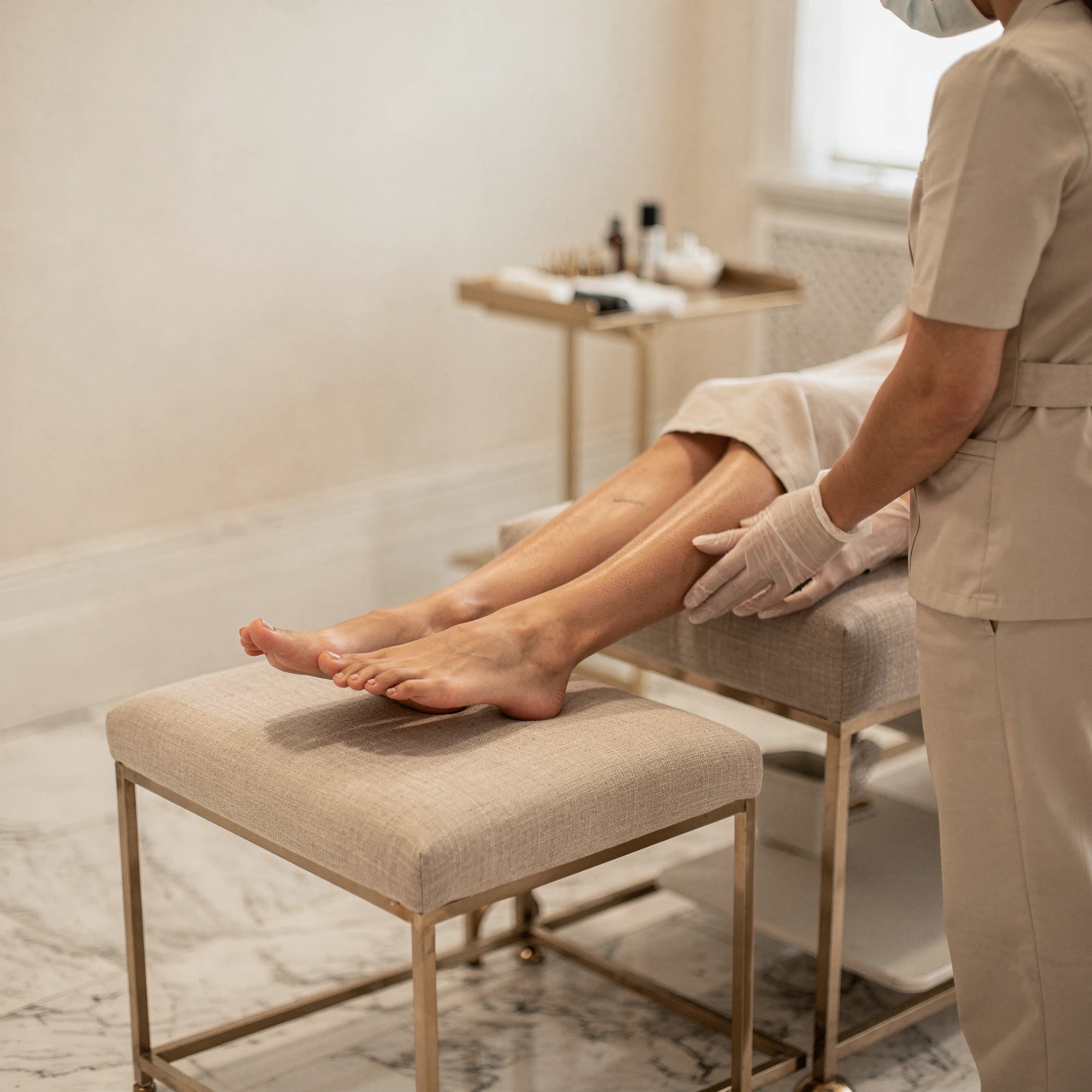 Podiatrist examining a patient's foot and ankle in a clinical treatment room